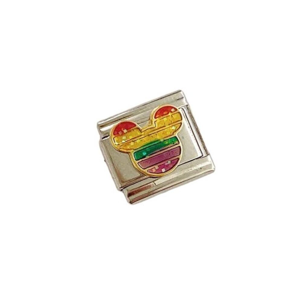 NWT 9mm Y2K Rainbow Glitter Mickey Mouse Silver Stainless Steel Italian Charm